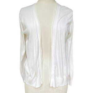 Tommy Bahama Open Front Cardigan Sz M Silk Fringe Trim Coastal Neutral Basic